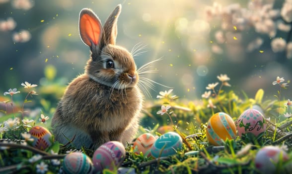 A rabbit is sitting in a field of Easter eggs. The scene is peaceful and serene, with the rabbit looking up at the camera. The eggs are scattered around the rabbit, with some closer to the foreground