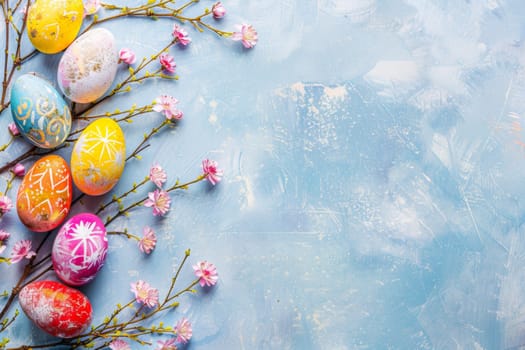 A blue background with a bunch of painted eggs and pink flowers. Scene is cheerful and colorful, with a focus on the beauty of nature