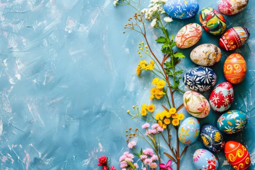 A blue background with a bunch of colorful eggs and flowers. The eggs are of different sizes and colors, and the flowers are arranged in a way that they complement the eggs