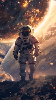 An astronaut wearing a helmet is standing on a distant planet in space, surrounded by darkness. The landscape is like a scene from an action film, with astronomical objects in the sky