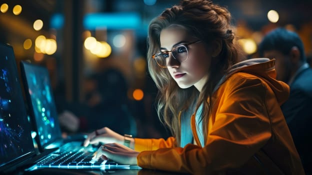 A young beautiful girl programmer works in the office in the evening.