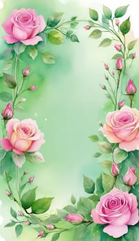 Wreath of pink roses and green leaves. Hand drawn vector illustration.Floral background with roses and leaves. Frame with pink roses and green leaves on white background. Vector illustration.Beautiful pink roses with green leaves on background.