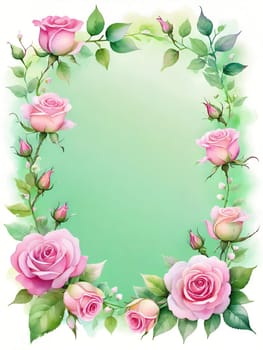 Wreath of pink roses and green leaves. Hand drawn vector illustration.Floral background with roses and leaves. Frame with pink roses and green leaves on white background. Vector illustration.Beautiful pink roses with green leaves on background.