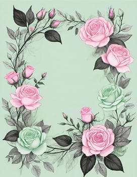 Wreath of pink roses and green leaves. Hand drawn vector illustration.Floral background with roses and leaves. Frame with pink roses and green leaves on white background. Vector illustration.Beautiful pink roses with green leaves on background.