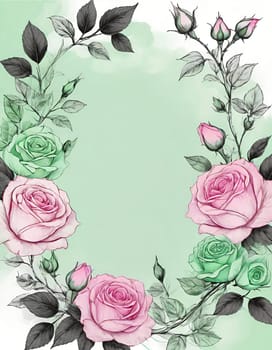 Wreath of pink roses and green leaves. Hand drawn vector illustration.Floral background with roses and leaves. Frame with pink roses and green leaves on white background. Vector illustration.Beautiful pink roses with green leaves on background.