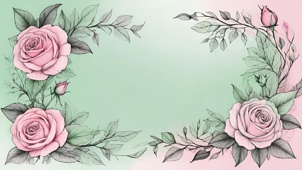 Wreath of pink roses and green leaves. Hand drawn vector illustration.Floral background with roses and leaves. Frame with pink roses and green leaves on white background. Vector illustration.Beautiful pink roses with green leaves on background.