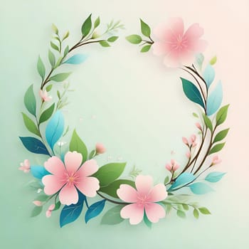 Floral wreath with spring flowers on background. Vector illustration.Spring background with flowers and wreath. Vector illustration for your design.Spring background with cherry blossoms and green leaves. Spring blossom background with copy space for text.