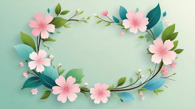 Floral wreath with spring flowers on background. Vector illustration.Spring background with flowers and wreath. Vector illustration for your design.Spring background with cherry blossoms and green leaves. Spring blossom background with copy space for text.