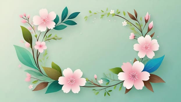 Floral wreath with spring flowers on background. Vector illustration.Spring background with flowers and wreath. Vector illustration for your design.Spring background with cherry blossoms and green leaves. Spring blossom background with copy space for text.