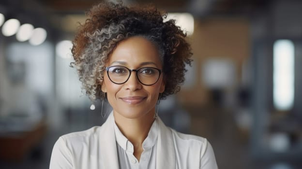 Happy beautiful business afro woman in office arms crossed. Smiling confident professional executive manager, proud lawyer, businessman leader wearing grey suit.