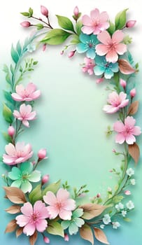 Floral wreath with spring flowers on background. Vector illustration.Spring background with flowers and wreath. Vector illustration for your design.Spring background with cherry blossoms and green leaves. Spring blossom background with copy space for text.