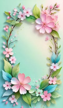 Floral wreath with spring flowers on background. Vector illustration.Spring background with flowers and wreath. Vector illustration for your design.Spring background with cherry blossoms and green leaves. Spring blossom background with copy space for text.