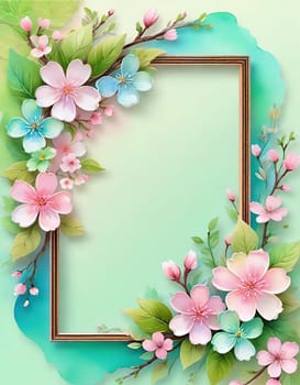 Floral wreath with spring flowers on background. Vector illustration.Spring background with flowers and wreath. Vector illustration for your design.Spring background with cherry blossoms and green leaves. Spring blossom background with copy space for text.