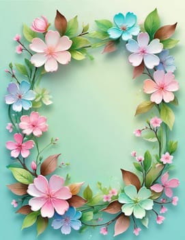 Floral wreath with spring flowers on background. Vector illustration.Spring background with flowers and wreath. Vector illustration for your design.Spring background with cherry blossoms and green leaves. Spring blossom background with copy space for text.