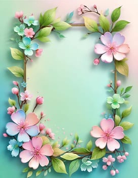 Floral wreath with spring flowers on background. Vector illustration.Spring background with flowers and wreath. Vector illustration for your design.Spring background with cherry blossoms and green leaves. Spring blossom background with copy space for text.