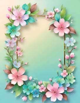 Floral wreath with spring flowers on background. Vector illustration.Spring background with flowers and wreath. Vector illustration for your design.Spring background with cherry blossoms and green leaves. Spring blossom background with copy space for text.