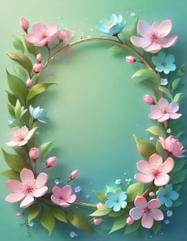 Floral wreath with spring flowers on background. Vector illustration.Spring background with flowers and wreath. Vector illustration for your design.Spring background with cherry blossoms and green leaves. Spring blossom background with copy space for text.