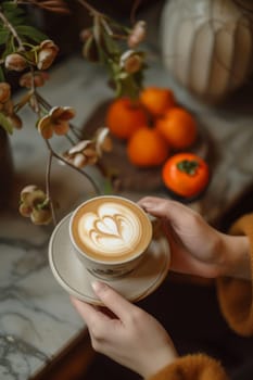 Woman hands holding a crafted latte in a vintage cup for breakfast.