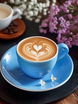Close up of a cup of coffee in a blue cup with latte art.