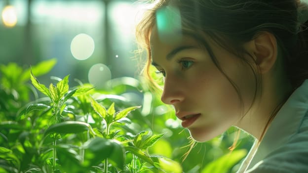 Close up headshot of young girl looking at green leaves. Environmental conservation and care.