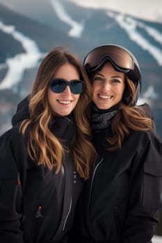 Portrait of two smiling women outdoors in the snow.