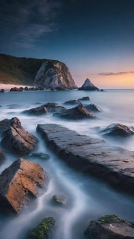 Long exposure image of a long exposure of the sea and rocks at sunset.Long exposure of a rocky seashore at sunset. Long exposure photography.Long exposure seascape. Long exposure image of long exposure seascape with long exposure effect.