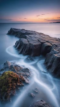 Long exposure image of a long exposure of the sea and rocks at sunset.Long exposure of a rocky seashore at sunset. Long exposure photography.Long exposure seascape. Long exposure image of long exposure seascape with long exposure effect.