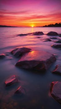 Beautiful sunset over the sea with pink and purple colors, long exposure.Dramatic sky. Landscape ans seascape for background.