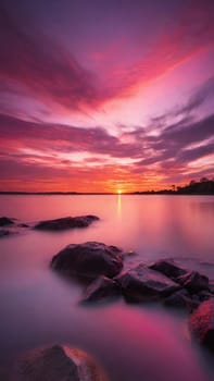 Beautiful sunset over the sea with pink and purple colors, long exposure.Dramatic sky. Landscape ans seascape for background.