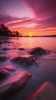 Beautiful sunset over the sea with pink and purple colors, long exposure.Dramatic sky. Landscape ans seascape for background.