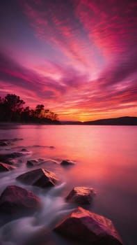 Beautiful sunset over the sea with pink and purple colors, long exposure.Dramatic sky. Landscape ans seascape for background.