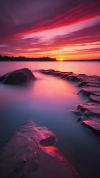 Beautiful sunset over the sea with pink and purple colors, long exposure.Dramatic sky. Landscape ans seascape for background.