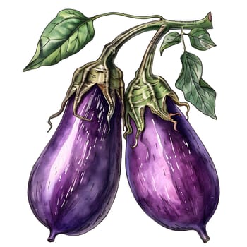 A vibrant illustration of two purple eggplants with green leaves hanging from a vine, showcasing the beauty of this flowering plant. Perfect inspiration for an art paint or drawing of natural foods