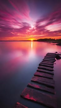 Beautiful sunset over the sea with pink and purple colors, long exposure.Dramatic sky. Landscape ans seascape for background.