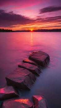 Beautiful sunset over the sea with pink and purple colors, long exposure.Dramatic sky. Landscape ans seascape for background.