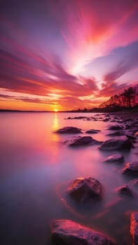 Beautiful sunset over the sea with pink and purple colors, long exposure.Dramatic sky. Landscape ans seascape for background.