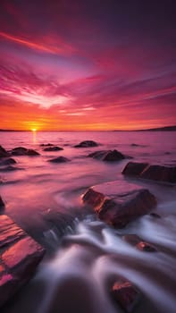 Beautiful sunset over the sea with pink and purple colors, long exposure.Dramatic sky. Landscape ans seascape for background.