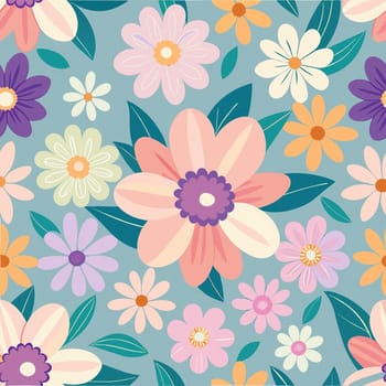 Floral seamless pattern with pink flowers and green leaves on blue background.Vector floral background with hand drawn flowers and leaves in pastel colors.Seamless pattern with flowers and leaves. Vector illustration in vintage style.floral card with flowers and leafs decoration vector illustration graphic design