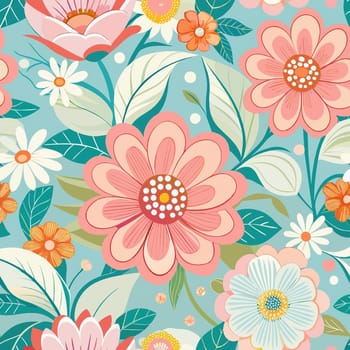 Floral seamless pattern with pink flowers and green leaves on blue background.Vector floral background with hand drawn flowers and leaves in pastel colors.Seamless pattern with flowers and leaves. Vector illustration in vintage style.floral card with flowers and leafs decoration vector illustration graphic design