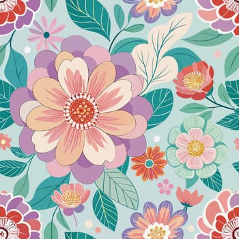 Floral seamless pattern with pink flowers and green leaves on blue background.Vector floral background with hand drawn flowers and leaves in pastel colors.Seamless pattern with flowers and leaves. Vector illustration in vintage style.floral card with flowers and leafs decoration vector illustration graphic design