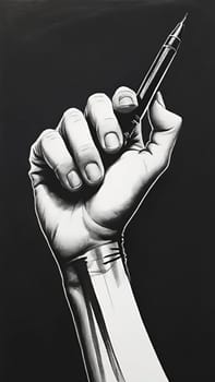 Drawing of a human hand with a pen on a gray background.Pencil in the hand of an artist on a white background.Pencil in the hand of a man. Drawing by hand.