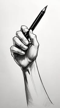 Drawing of a human hand with a pen on a gray background.Pencil in the hand of an artist on a white background.Pencil in the hand of a man. Drawing by hand.