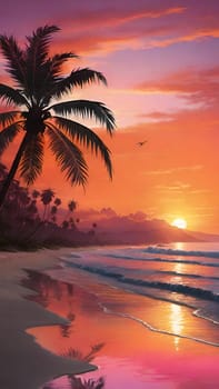 Silhouette of coconut palm tree on the beach at sunset.Palm trees on the beach at sunset. Beautiful tropical landscape.