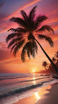 Silhouette of coconut palm tree on the beach at sunset.Palm trees on the beach at sunset. Beautiful tropical landscape.