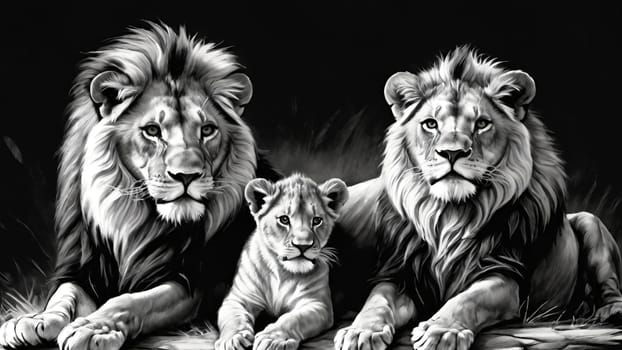 Lion and lion cubs.Lions family.Vector illustration.Lion family in the savannah.Digital painting.Lion and lioness with cubs.Drawing and sketching.African safari.African safari scene with wild animals.