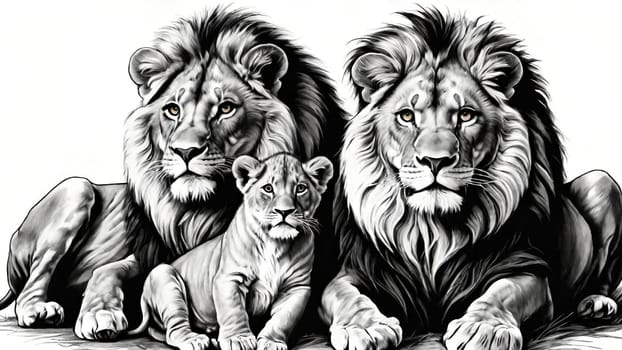 Lion and lion cubs.Lions family.Vector illustration.Lion family in the savannah.Digital painting.Lion and lioness with cubs.Drawing and sketching.African safari.African safari scene with wild animals.