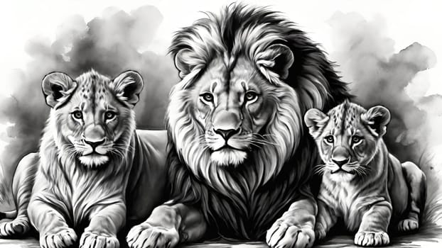 Lion and lion cubs.Lions family.Vector illustration.Lion family in the savannah.Digital painting.Lion and lioness with cubs.Drawing and sketching.African safari.African safari scene with wild animals.