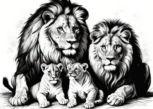 Lion and lion cubs.Lions family.Vector illustration.Lion family in the savannah.Digital painting.Lion and lioness with cubs.Drawing and sketching.African safari.African safari scene with wild animals.