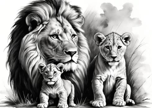 Lion and lion cubs.Lions family.Vector illustration.Lion family in the savannah.Digital painting.Lion and lioness with cubs.Drawing and sketching.African safari.African safari scene with wild animals.