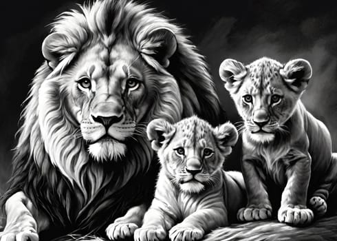 Lion and lion cubs.Lions family.Vector illustration.Lion family in the savannah.Digital painting.Lion and lioness with cubs.Drawing and sketching.African safari.African safari scene with wild animals.